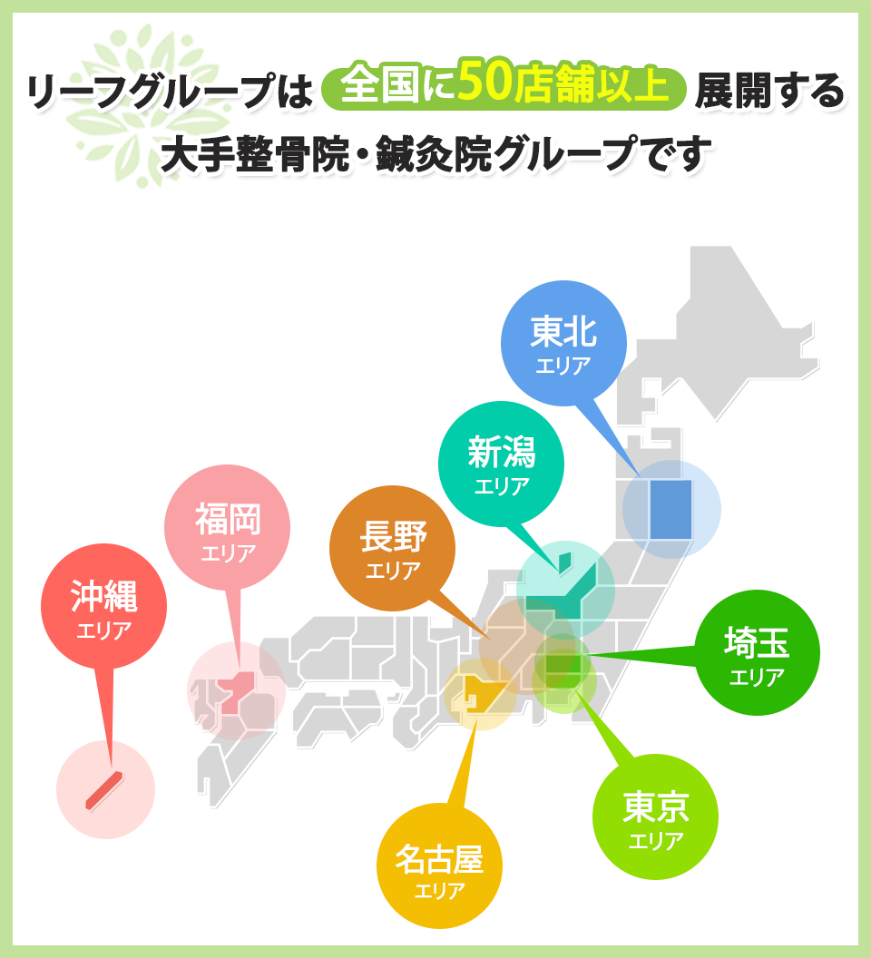 リーフグループは全国に50店舗以上展開する大手整骨院・鍼灸院グループです